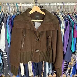 Express Women's Brown Wool Blend Button Up Bomber Jacket with Ribbed Trim